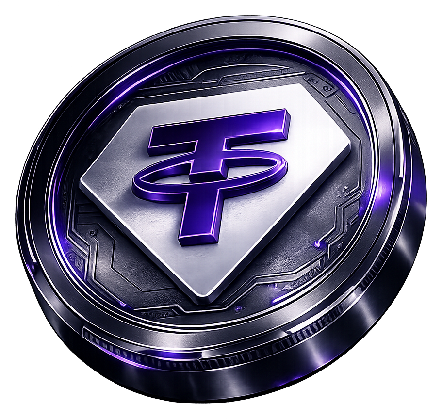 A Tether (USDT) coin rendered in chrome and violet
